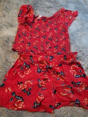 Justice Red Floral Smocked Top & Shorts Set